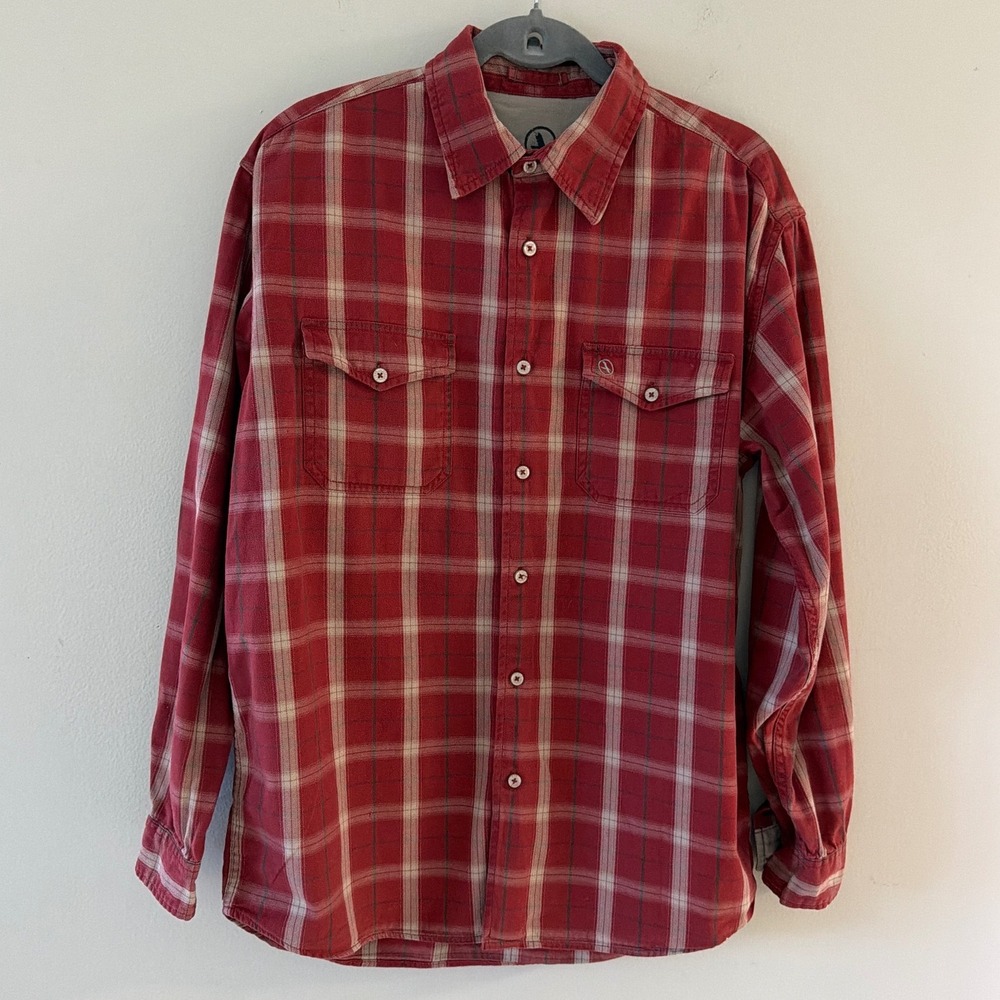Aigle Mens Medium‎ Plaid Button Down Shirt Red Cream Cotton Long Sleeve